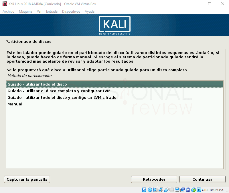 Particionado guiado disco virtual Kali Linux VirtualBox