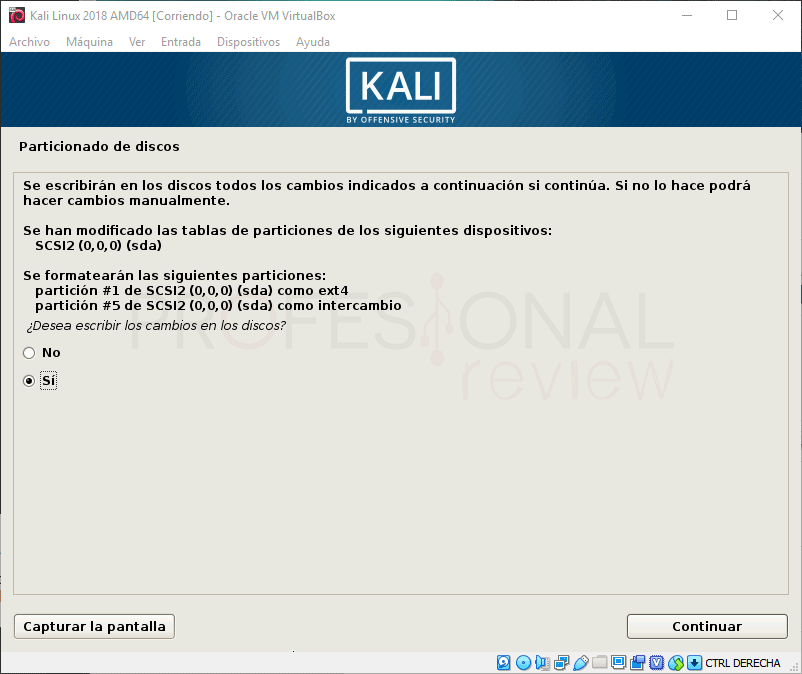 Resumen particiones Kali Linux VirtualBox instalación