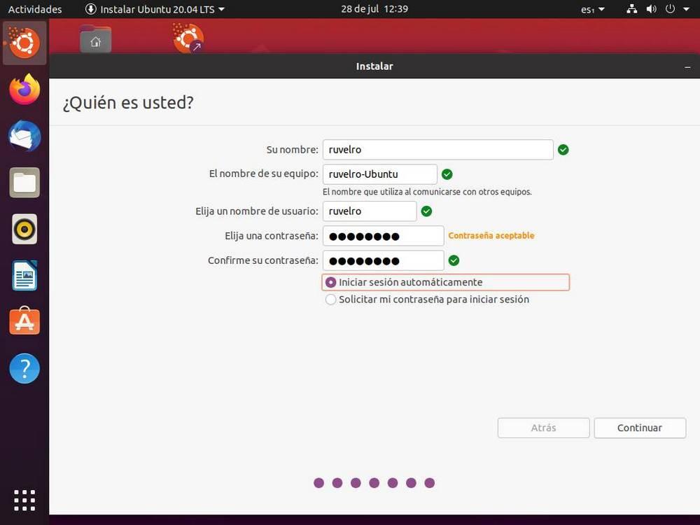 Instalar Ubuntu - Creación de usuario y contraseña