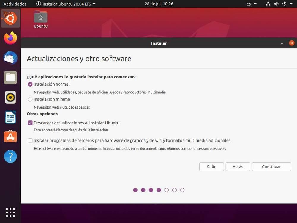 Instalar Ubuntu - Pantalla de tipo de instalación y actualizaciones