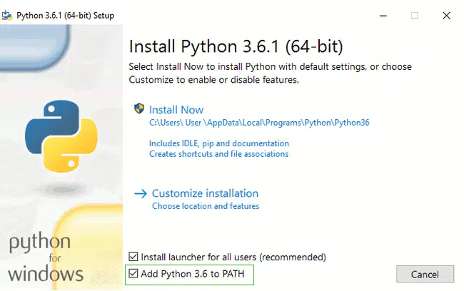 Instalador de Python para Windows con la opción Add Python to PATH