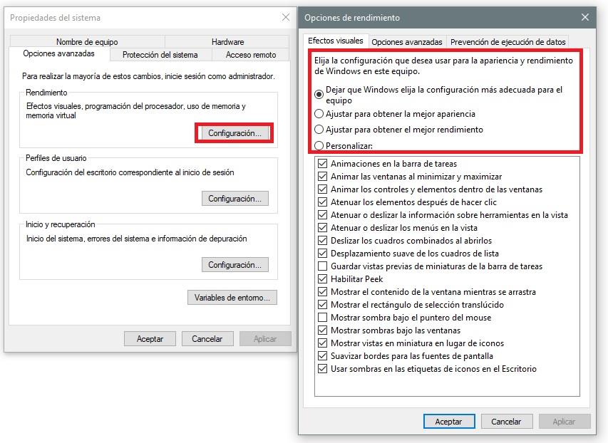 Propiedades del sistema y rendimiento de Windows