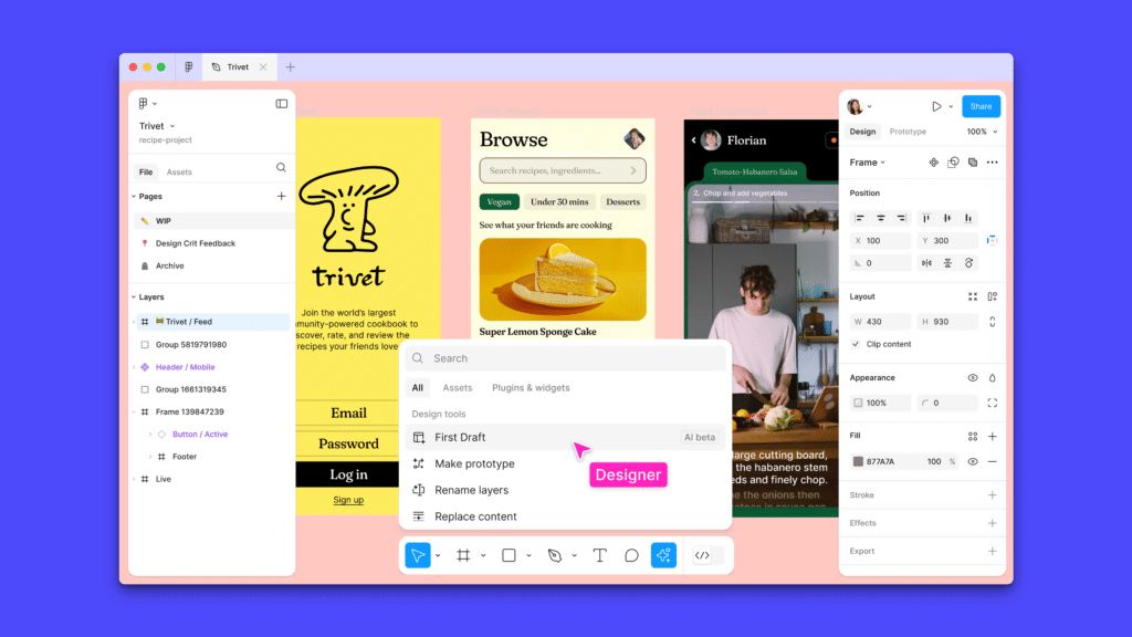 Interfaz de Figma con funciones de IA activas para diseño de UI y prototipado