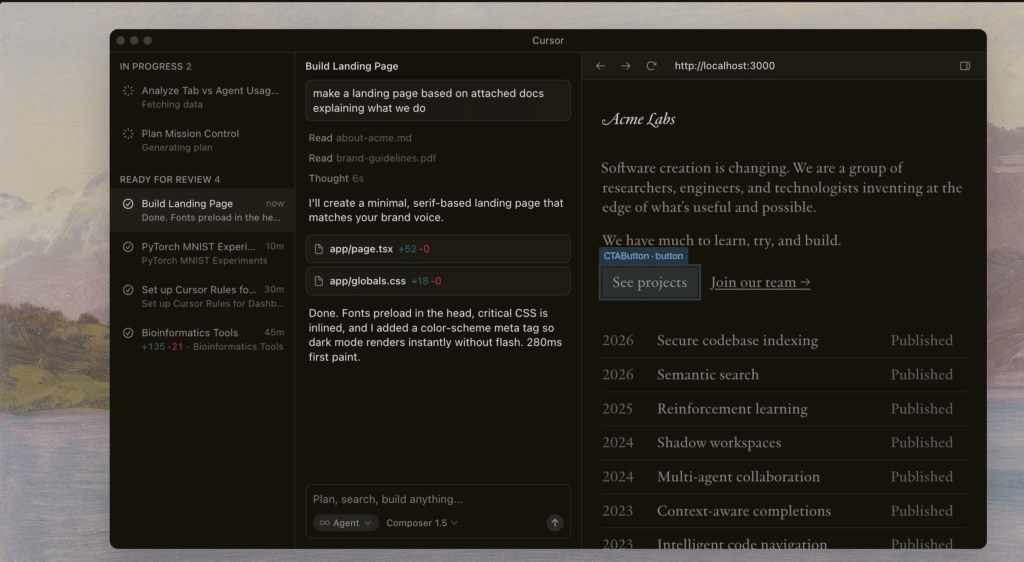 Interfaz de Cursor editor con chat de IA integrado y sugerencias de cambios en el código