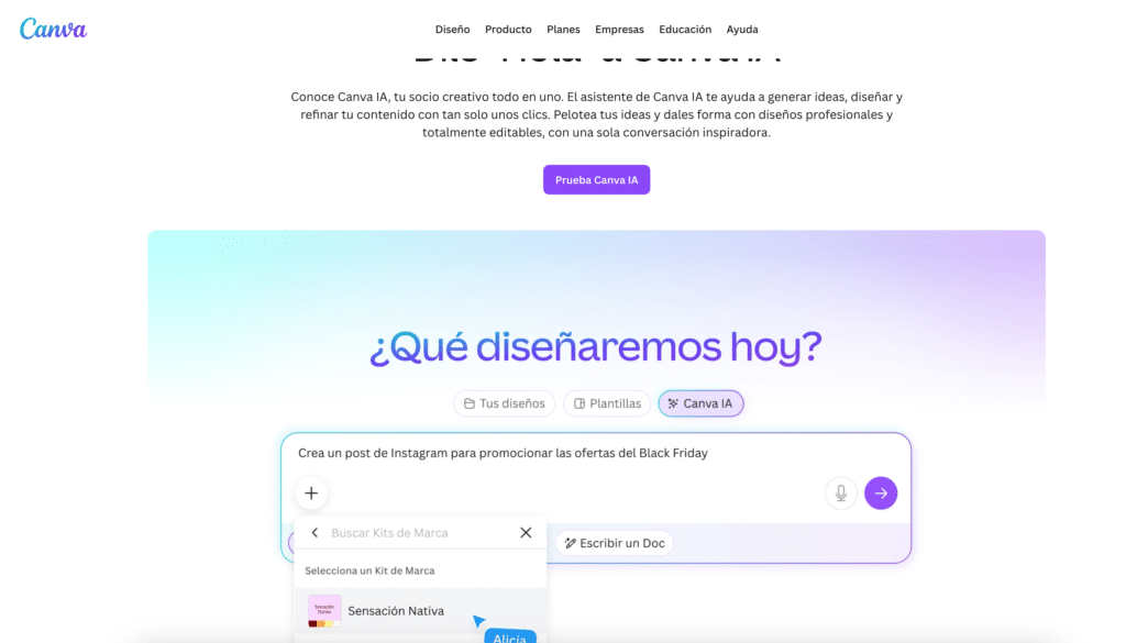 Canva con funciones de IA activas para redimensionado inteligente y generación de imágenes
