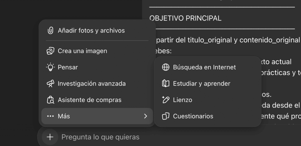 Pantalla de ChatGPT mostrando casos de uso productivos para trabajo diario