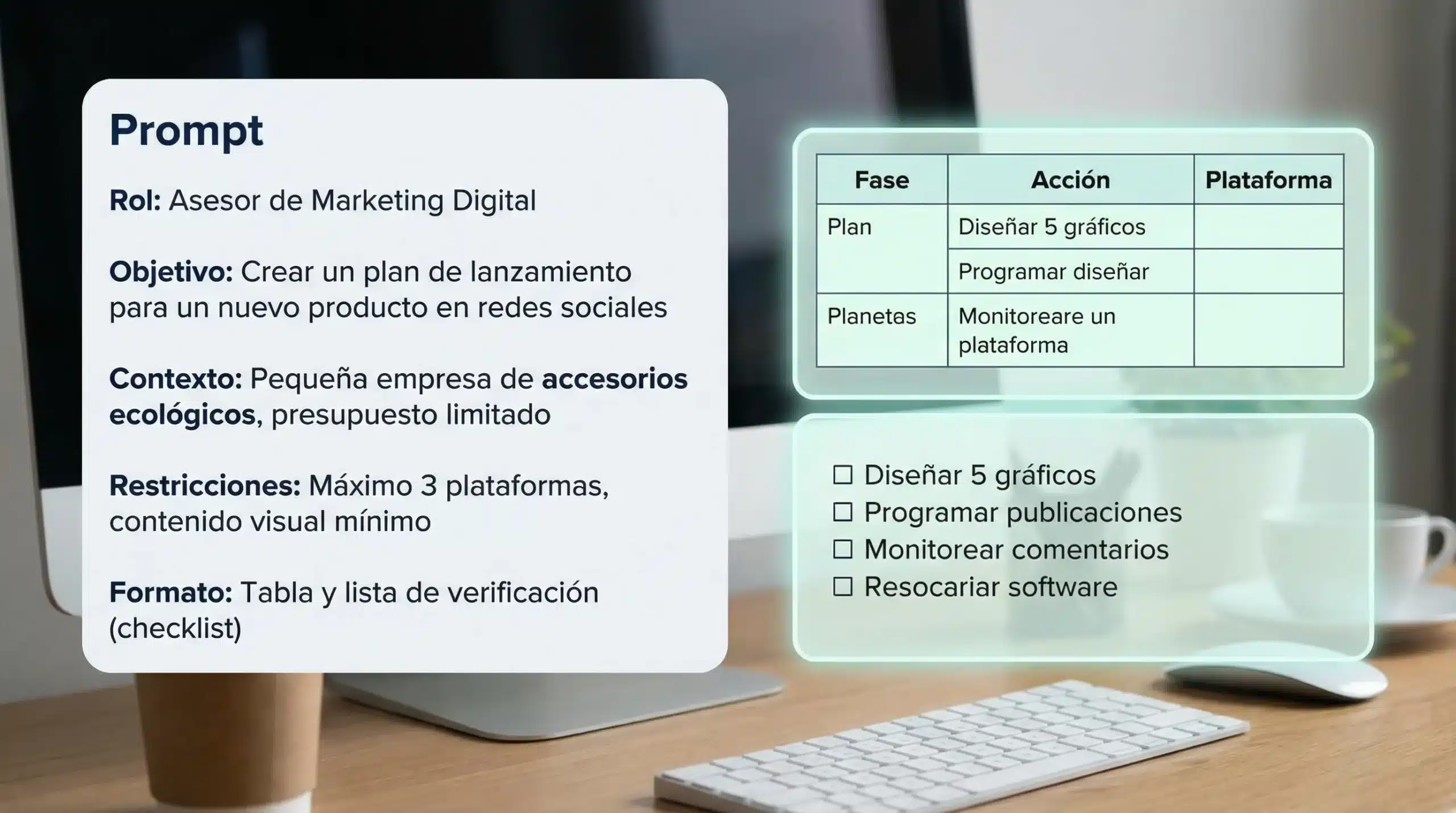 Captura conceptual de una ventana de chat de IA con un prompt bien estructurado (rol, objetivo, contexto, restricciones y formato de entrega) y una respuesta organizada en tabla y checklist.